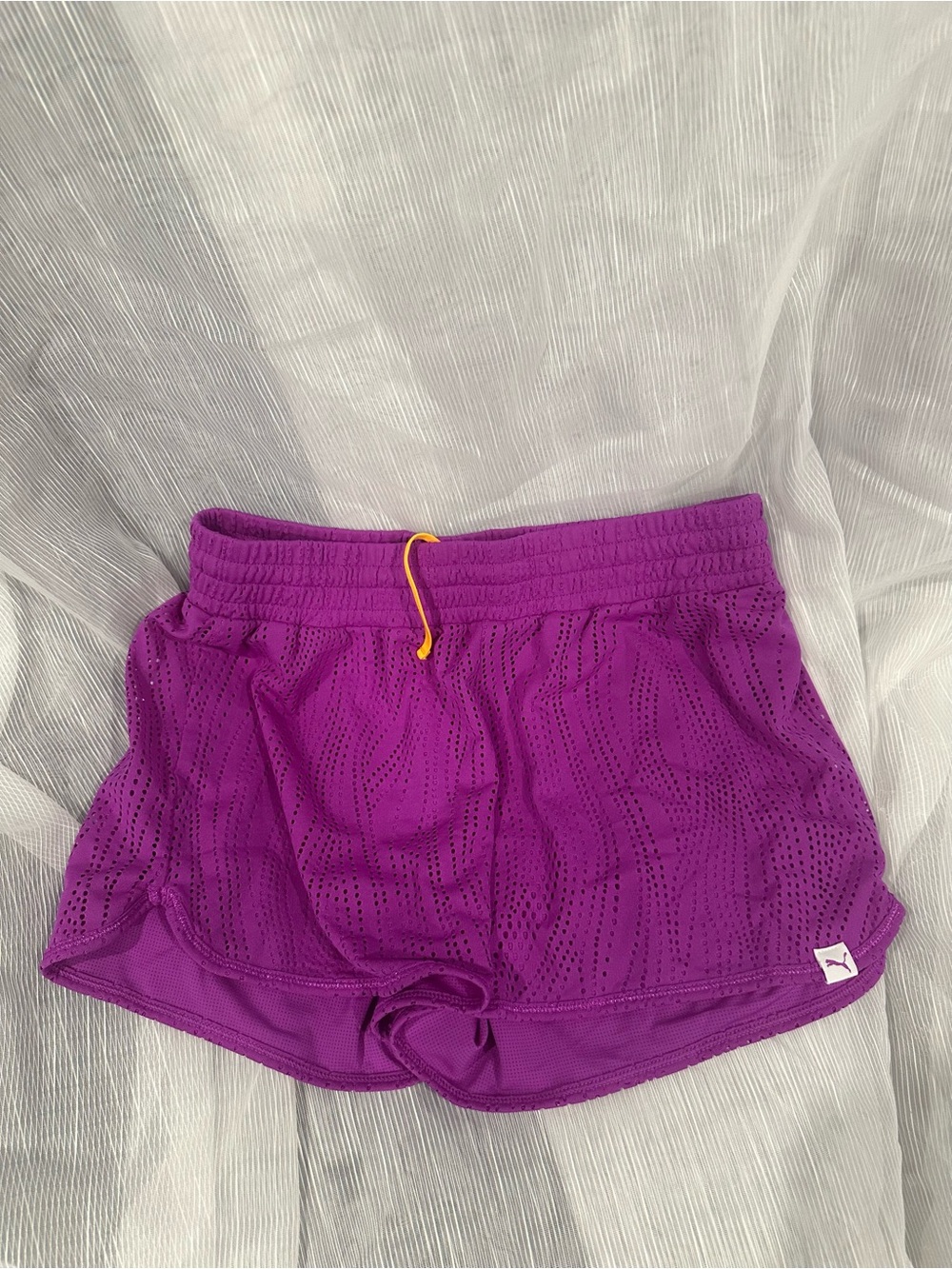 Puma Women's Purple Mesh Athletic Shorts with Yellow Drawstring